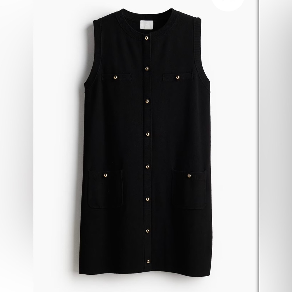 H&M Black Knit Sleeveless Dress Gold Buttons NWT Size Medium